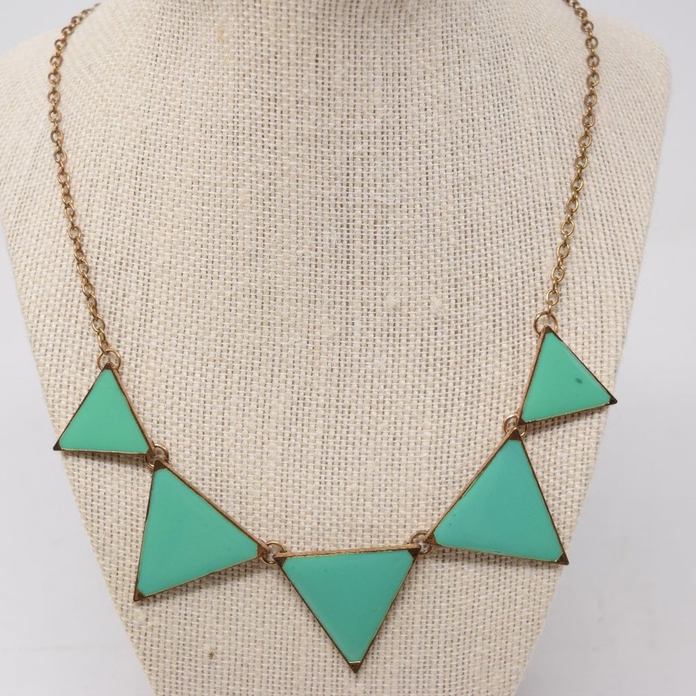 Triangle Pyramid Bib Necklace Geometric Goldtone Green Boho Colorblock Runway - Picture 1 of 9